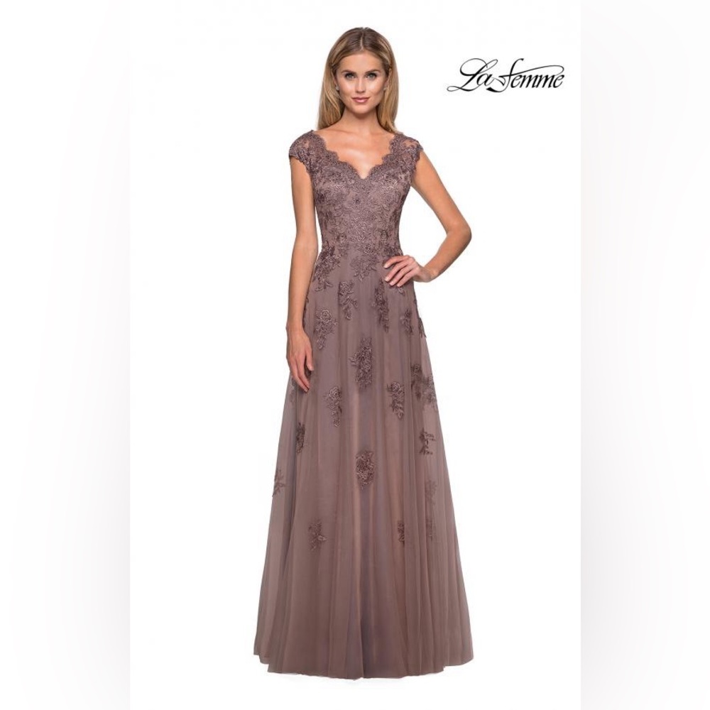 La Femme Embellished Tulle & Lace A-Line Gown